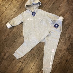 Girls Embroidered Champion Heather Gray Hoodie & Champion Logo Sweatpants